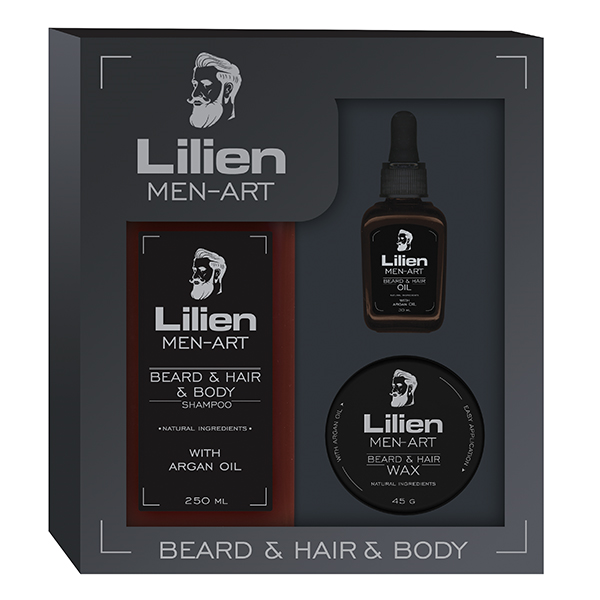 Lilien Men-Art Beard & Hair & Body Black univerzální šampon 250 ml + vyživující olej 50 ml + stylingový vosk na vlasy a vousy 45 g dárková sada